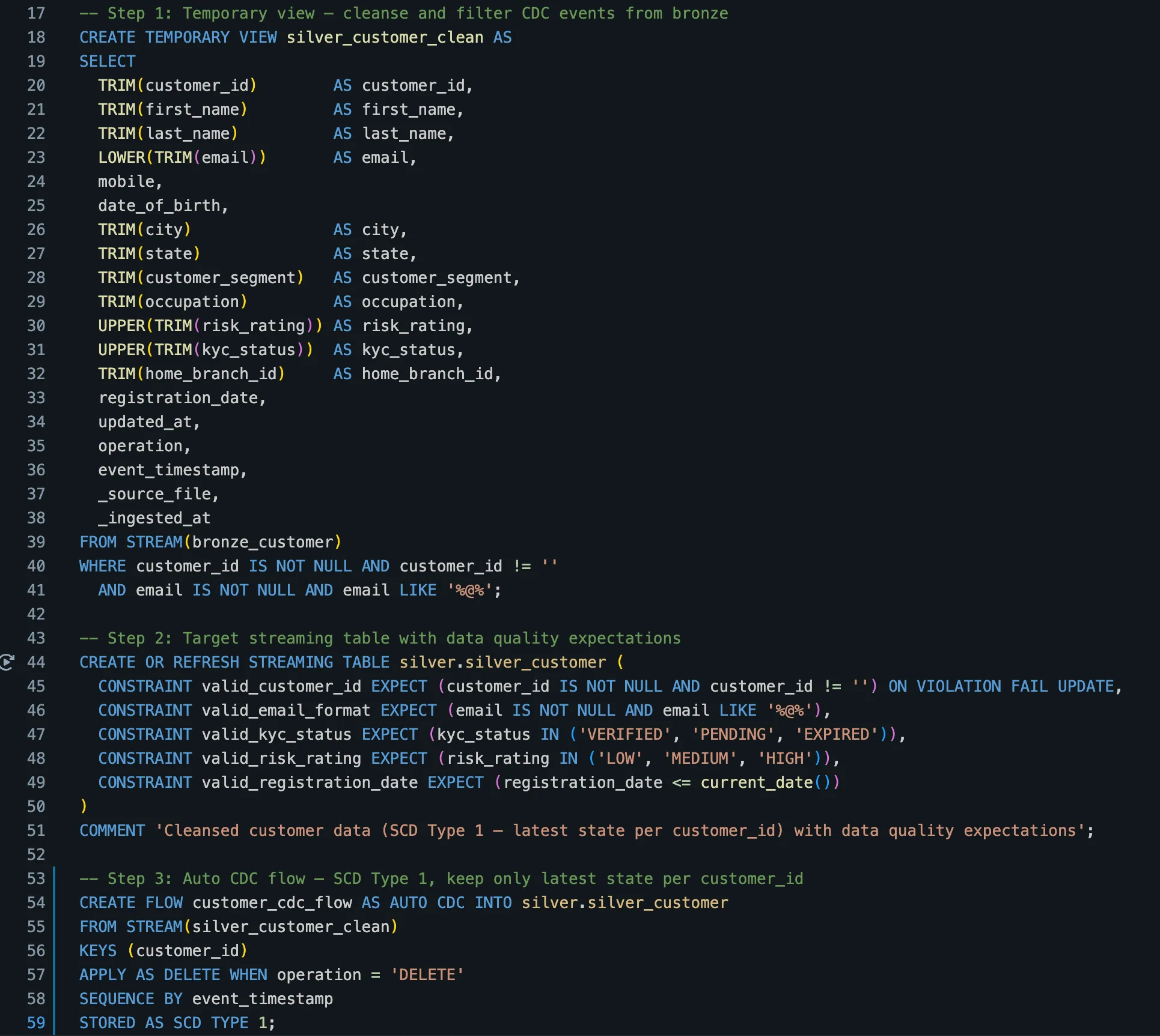 Genie Codeが生成した、AUTO CDCで顧客の現在状態を保持するSCD Type 1のSQL